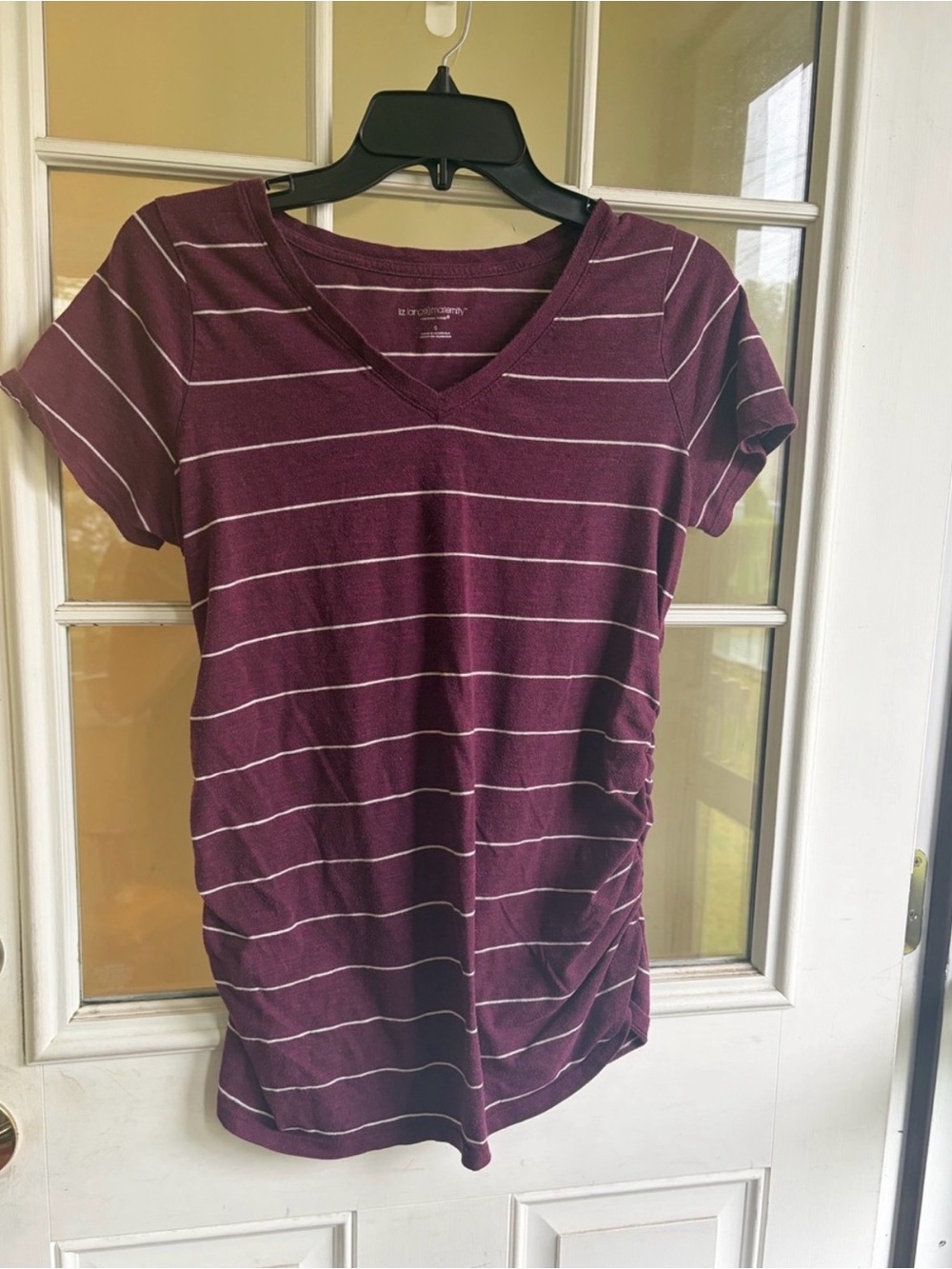 Women's V-Neck Striped Maternity Tee - Burgundy
